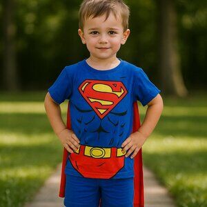 Boys Superman Graphic T-Shirt SM Cape Blue Red DC Comics Art 2 Wear Detachable